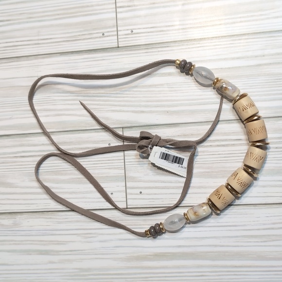 J. Jill Jewelry - J. Jill Wood Etched Beads & Agate Necklace w/ Leather Tie NWT